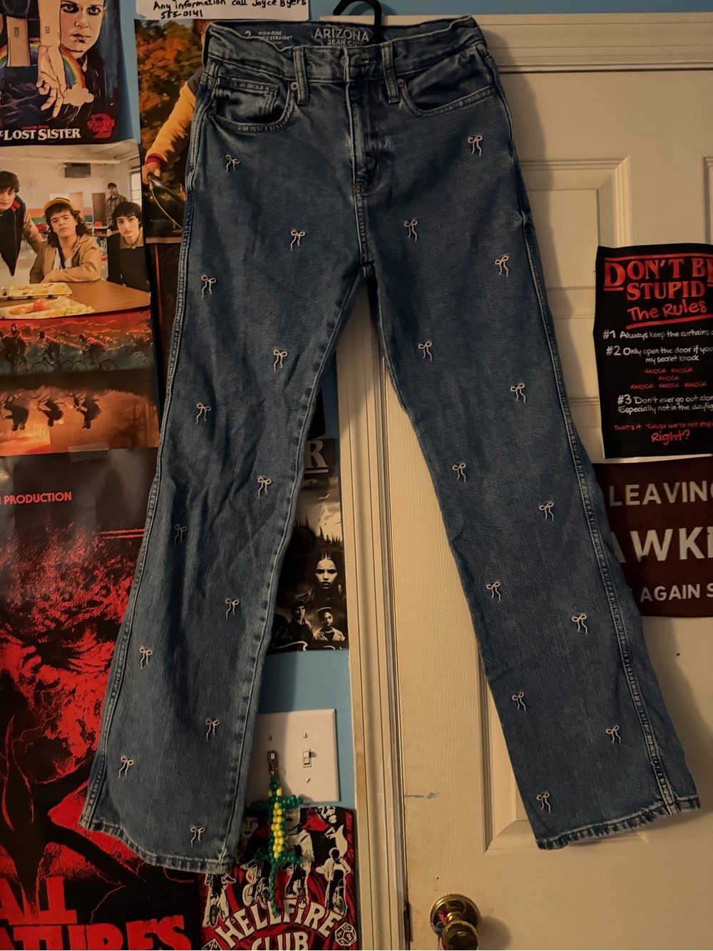 Arizona Jean Company Blue Denim Bootcut Jeans with Pink Bow Embroidery